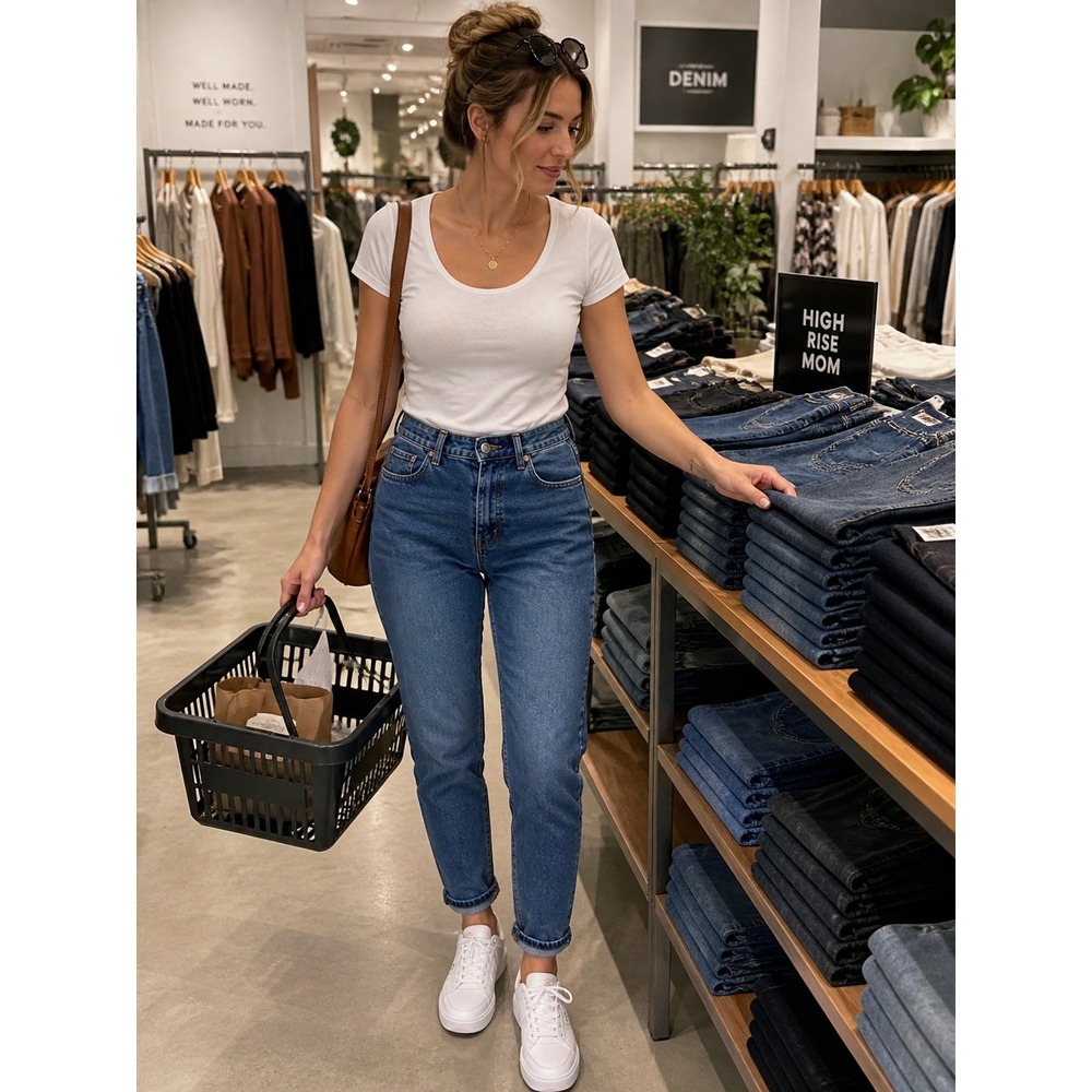 H&M &Denim Ultra High Waist Mom Jeans Medium Wash Blue Size 12 Button Fly